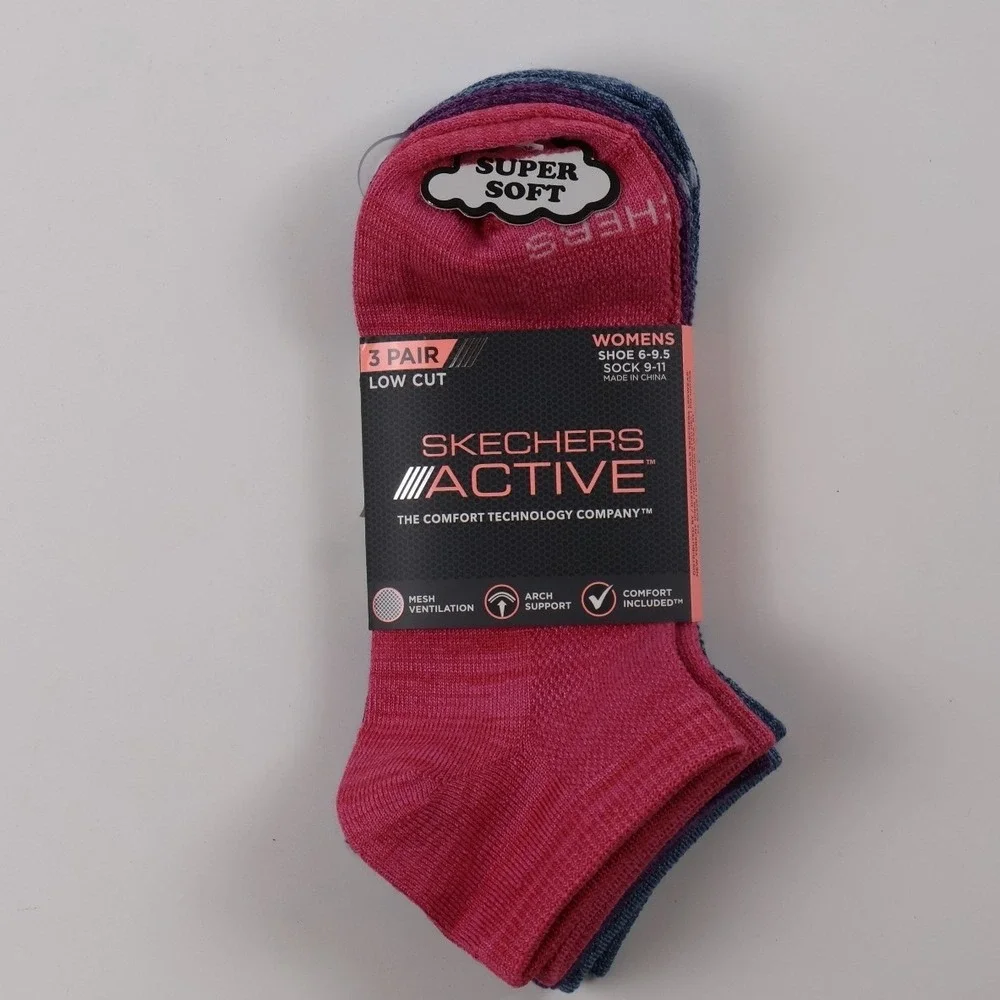 Skechers Active Socks Low Cut 3 Pair Pink Blue Womens Size 9-11 NWT